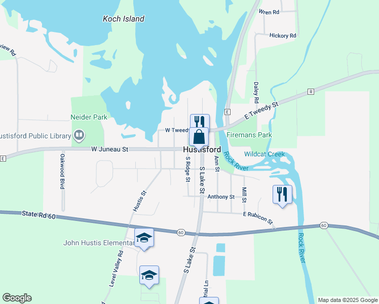 map of restaurants, bars, coffee shops, grocery stores, and more near 142 West Juneau Street in Hustisford