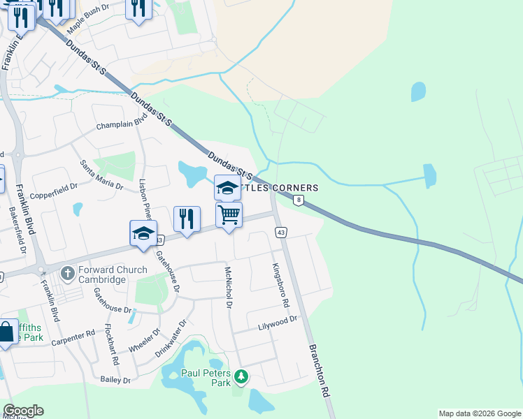 map of restaurants, bars, coffee shops, grocery stores, and more near 16 Branchton Road in Cambridge