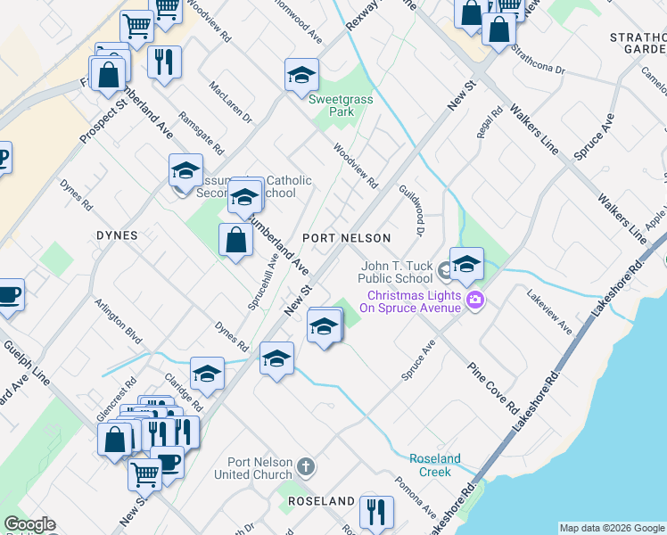 map of restaurants, bars, coffee shops, grocery stores, and more near 3282 New Street in Burlington