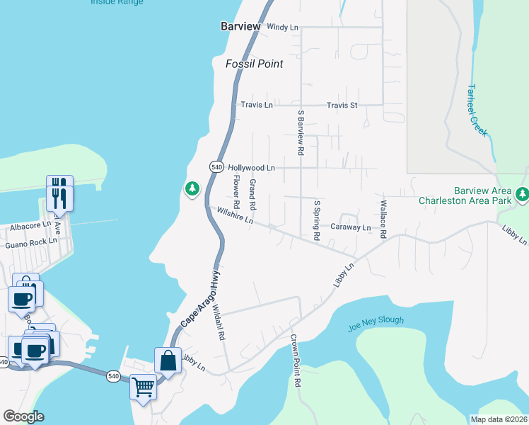 map of restaurants, bars, coffee shops, grocery stores, and more near 63511 South Olive Road in Coos Bay