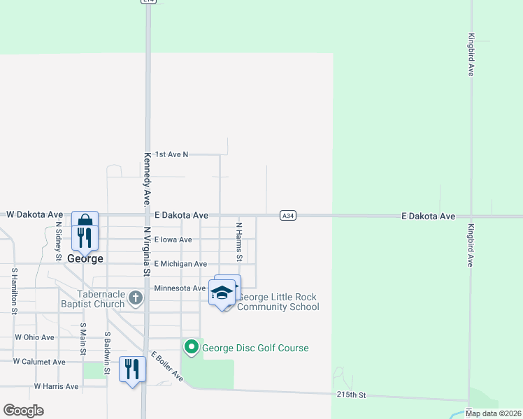 map of restaurants, bars, coffee shops, grocery stores, and more near 859 East Dakota Avenue in George
