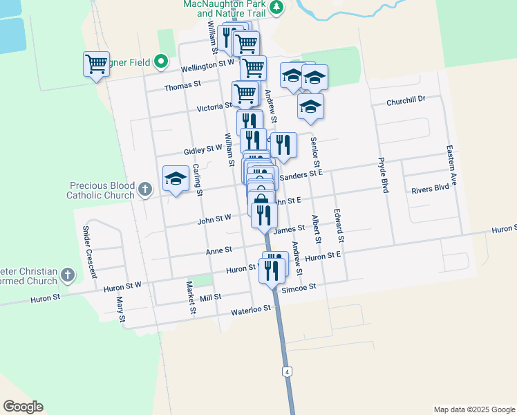 map of restaurants, bars, coffee shops, grocery stores, and more near 412 Main Street South in Exeter
