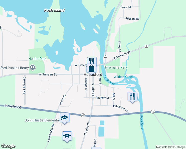 map of restaurants, bars, coffee shops, grocery stores, and more near in Hustisford