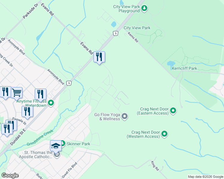 map of restaurants, bars, coffee shops, grocery stores, and more near Skinner Road in Hamilton