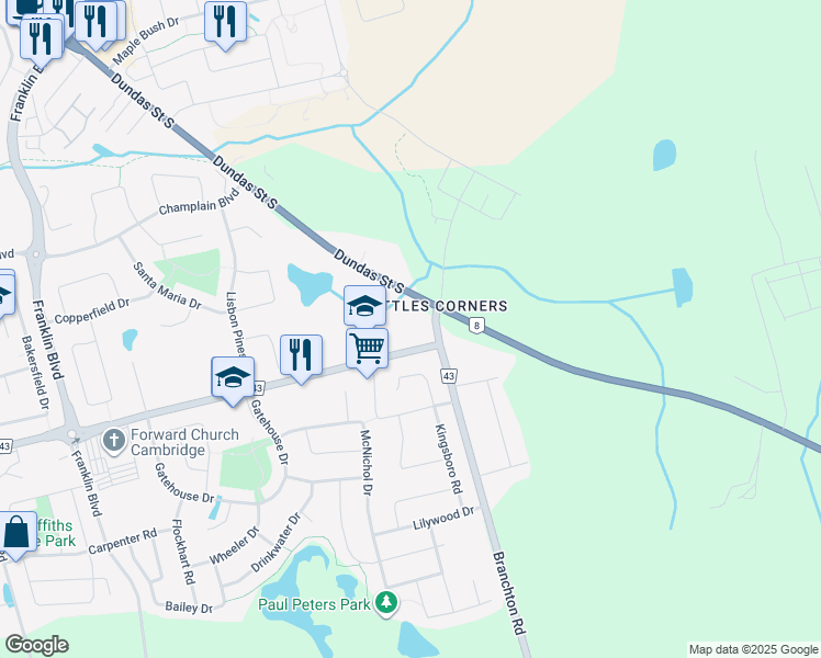 map of restaurants, bars, coffee shops, grocery stores, and more near 1220 Waterloo Regional Road 8 in Cambridge