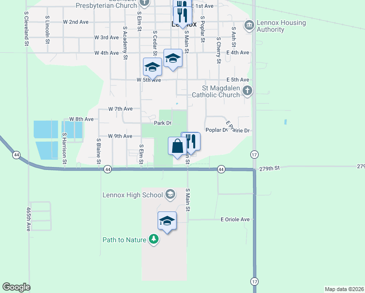 map of restaurants, bars, coffee shops, grocery stores, and more near 905 South Main Street in Lennox