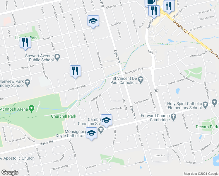map of restaurants, bars, coffee shops, grocery stores, and more near 60 Hillmer Road in Cambridge