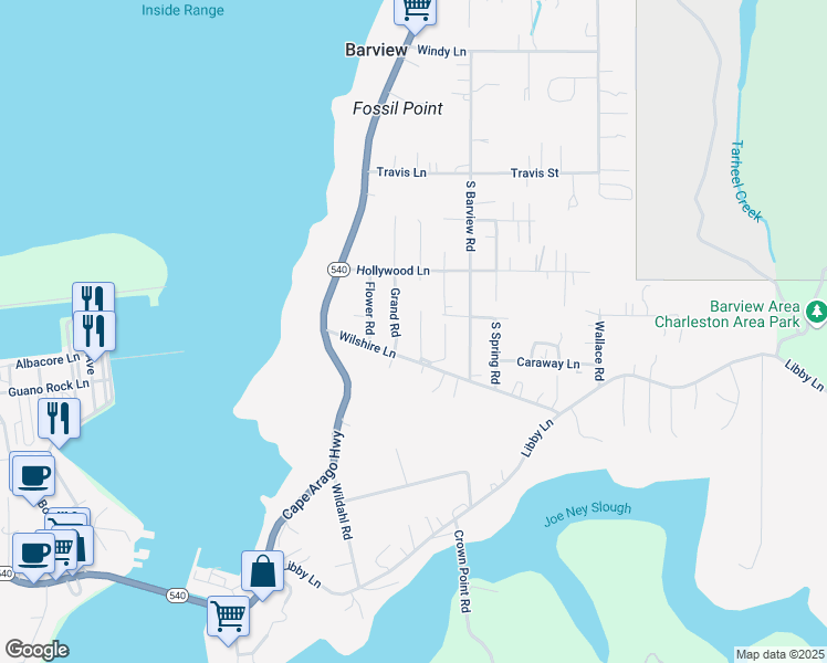map of restaurants, bars, coffee shops, grocery stores, and more near 90803 Ford Lane in Coos Bay