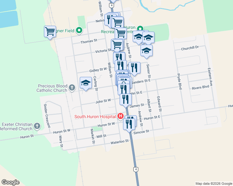 map of restaurants, bars, coffee shops, grocery stores, and more near 346 William Street in Exeter