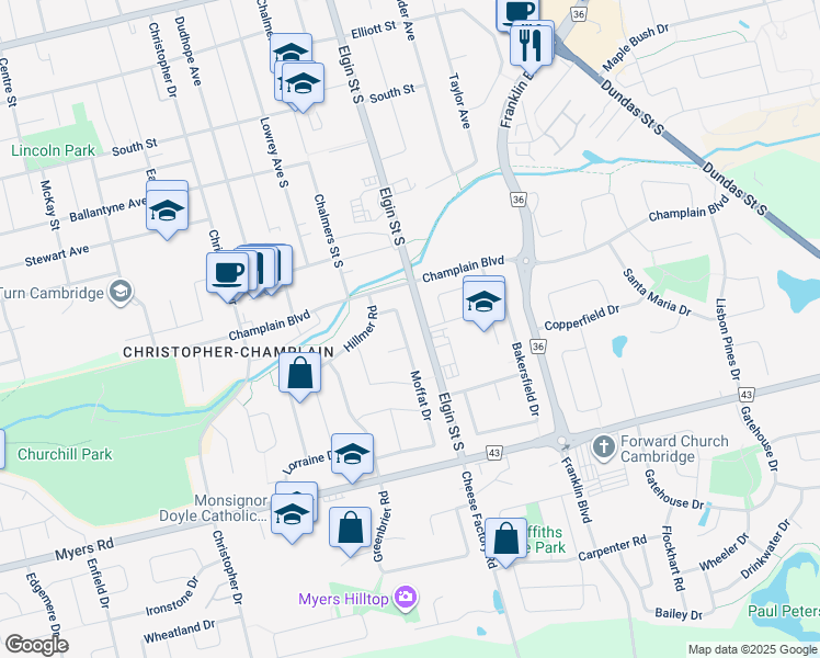 map of restaurants, bars, coffee shops, grocery stores, and more near 51 Moffat Drive in Cambridge