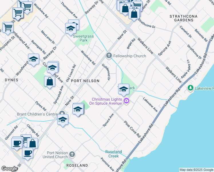 map of restaurants, bars, coffee shops, grocery stores, and more near 3362 Guildwood Drive in Burlington