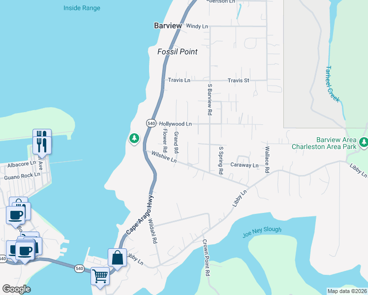map of restaurants, bars, coffee shops, grocery stores, and more near 63556 Grand Road in Coos Bay