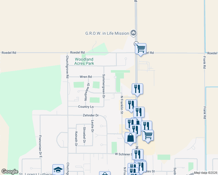 map of restaurants, bars, coffee shops, grocery stores, and more near 603 Summergreen Drive in Frankenmuth
