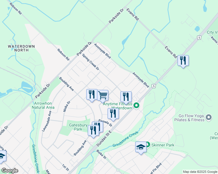 map of restaurants, bars, coffee shops, grocery stores, and more near 57 Golden Iris Crescent in Hamilton
