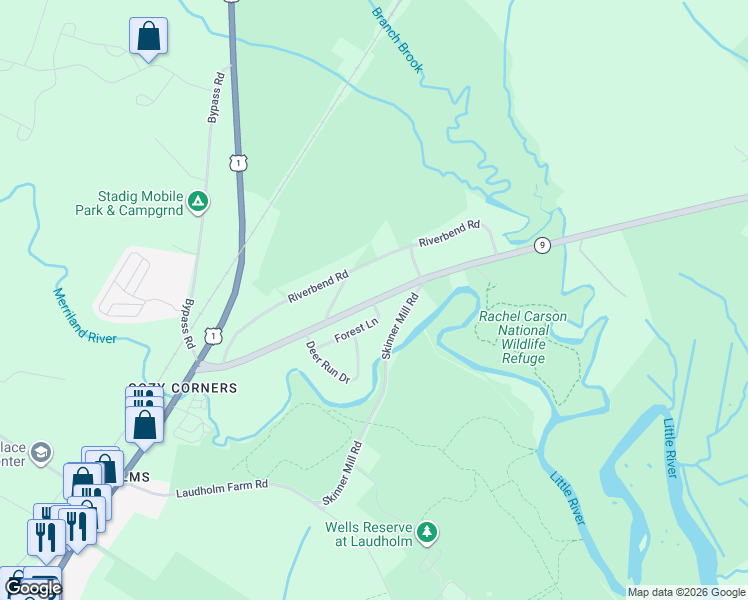 map of restaurants, bars, coffee shops, grocery stores, and more near 180 Port Road in Wells