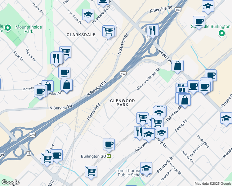 map of restaurants, bars, coffee shops, grocery stores, and more near 2294 Queensway Drive in Burlington