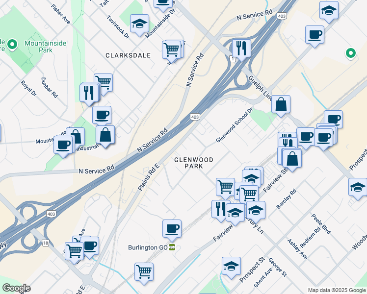 map of restaurants, bars, coffee shops, grocery stores, and more near 2294 Queensway Drive in Burlington