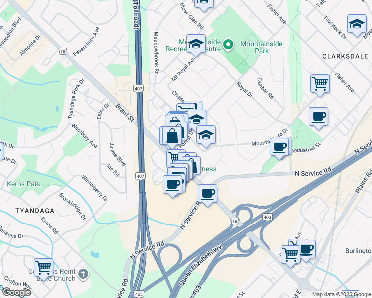 map of restaurants, bars, coffee shops, grocery stores, and more near 2040 Mount Forest Drive in Burlington