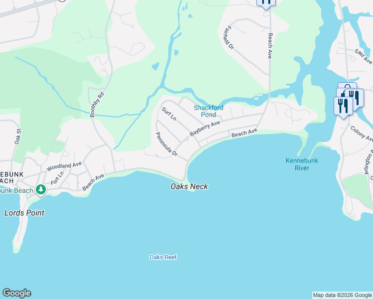 map of restaurants, bars, coffee shops, grocery stores, and more near 36 Bayberry Avenue in Kennebunk