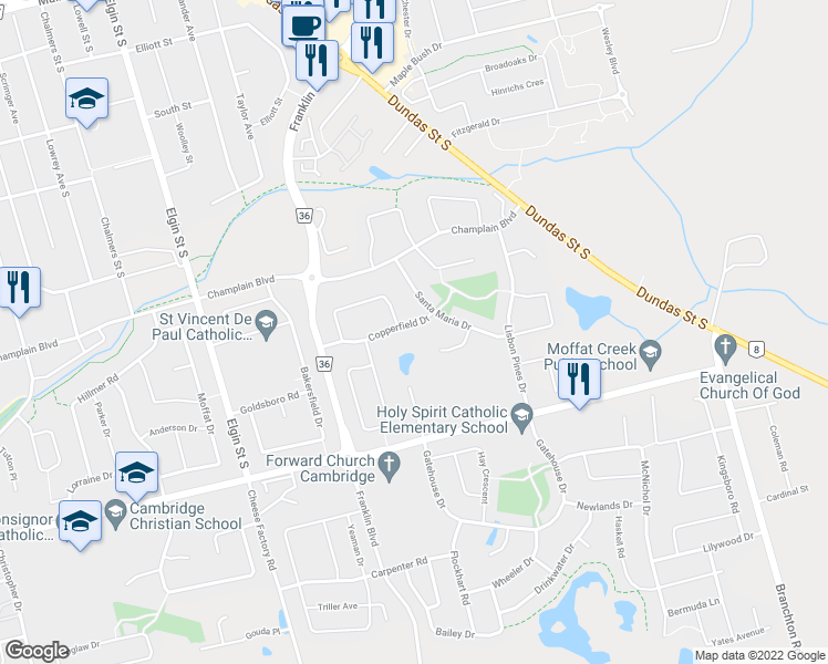 map of restaurants, bars, coffee shops, grocery stores, and more near 68 Copperfield Drive in Cambridge