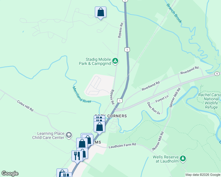 map of restaurants, bars, coffee shops, grocery stores, and more near 70 Bypass Road in Wells