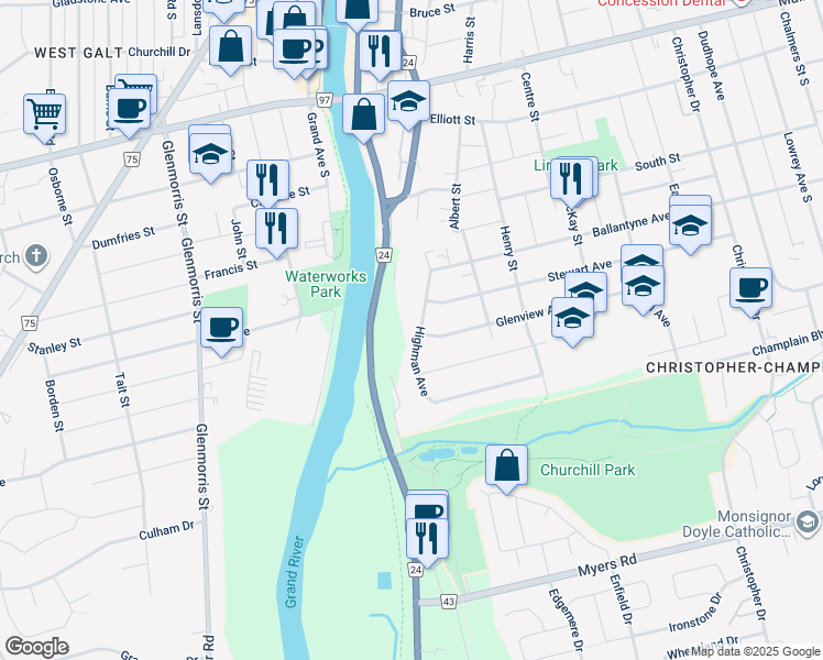 map of restaurants, bars, coffee shops, grocery stores, and more near 50 Highman Avenue in Cambridge