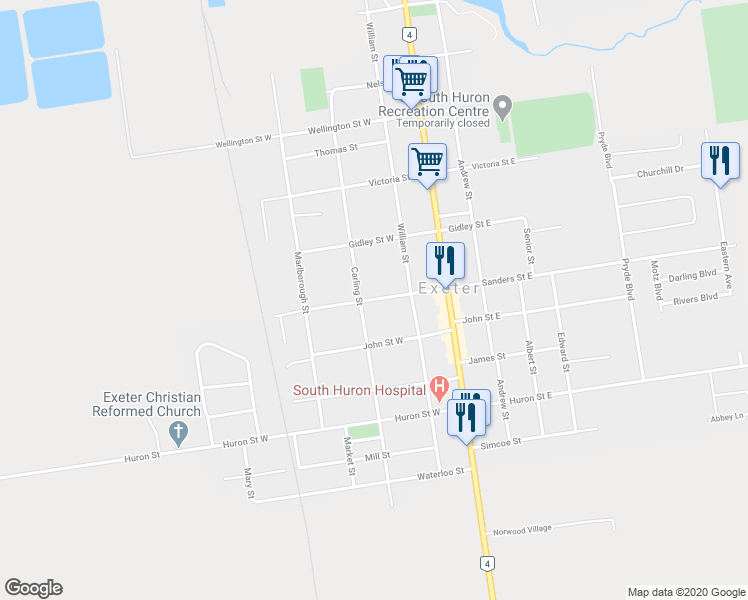 map of restaurants, bars, coffee shops, grocery stores, and more near 87 Sanders Street West in Exeter