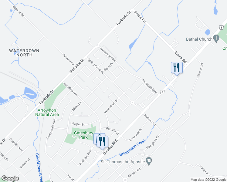 map of restaurants, bars, coffee shops, grocery stores, and more near 57 Golden Iris Crescent in Hamilton