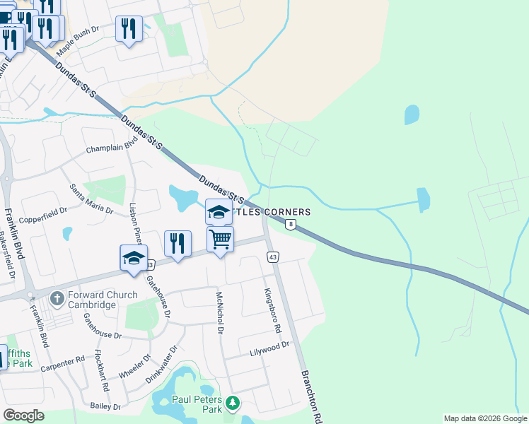 map of restaurants, bars, coffee shops, grocery stores, and more near Dundas Street South & Branchton Road in Cambridge