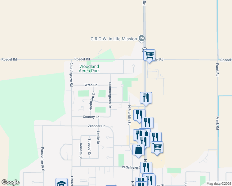 map of restaurants, bars, coffee shops, grocery stores, and more near 603 Summergreen Drive in Frankenmuth