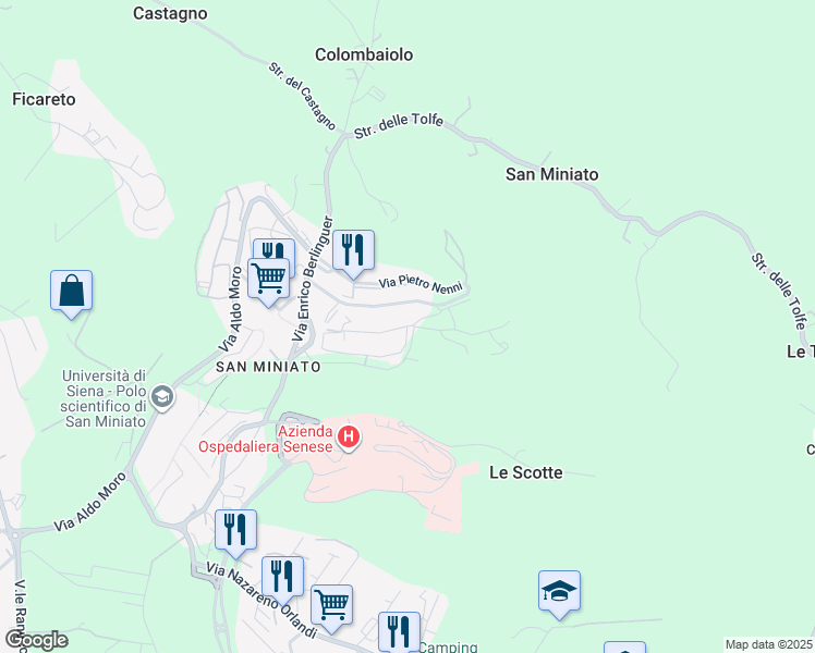 map of restaurants, bars, coffee shops, grocery stores, and more near Via Alessandro Pertini in Siena