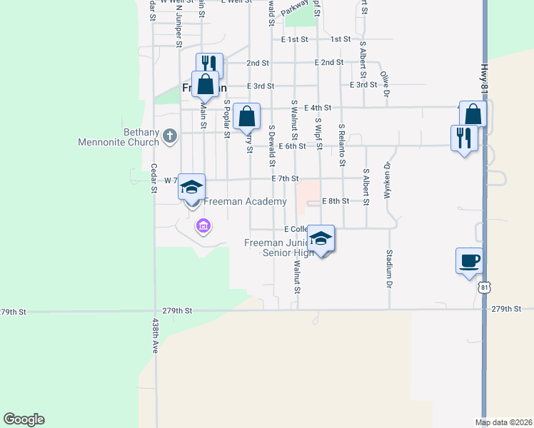 map of restaurants, bars, coffee shops, grocery stores, and more near 700-898 South Cherry Street in Freeman
