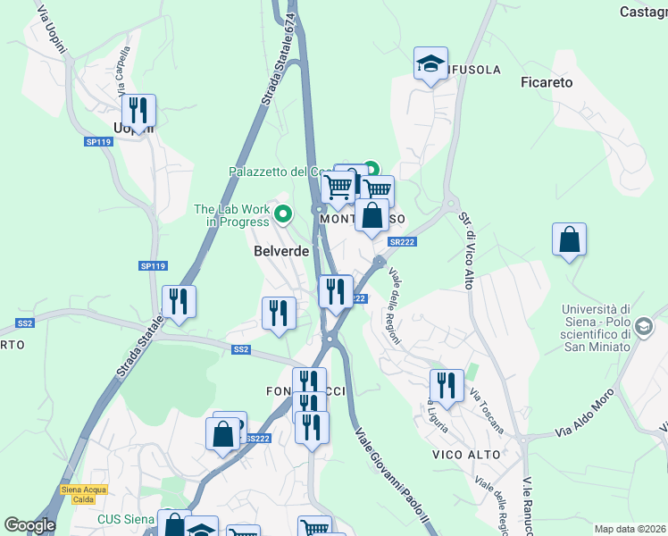 map of restaurants, bars, coffee shops, grocery stores, and more near 12 Via Toscana in Monteriggioni