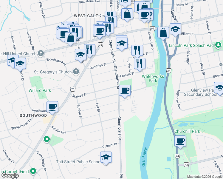 map of restaurants, bars, coffee shops, grocery stores, and more near 13 Stanley Street in Cambridge