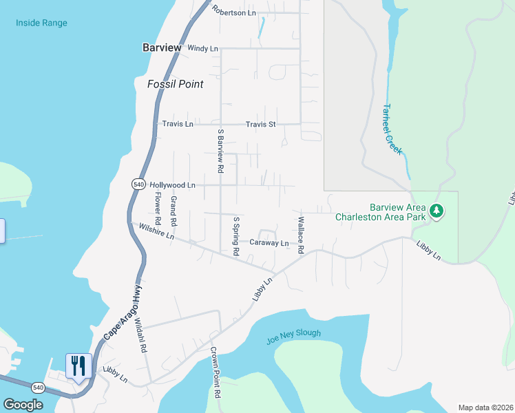 map of restaurants, bars, coffee shops, grocery stores, and more near 90918 Hollywood Lane in Coos Bay
