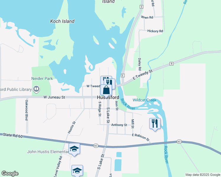 map of restaurants, bars, coffee shops, grocery stores, and more near 140 Lake Street in Hustisford