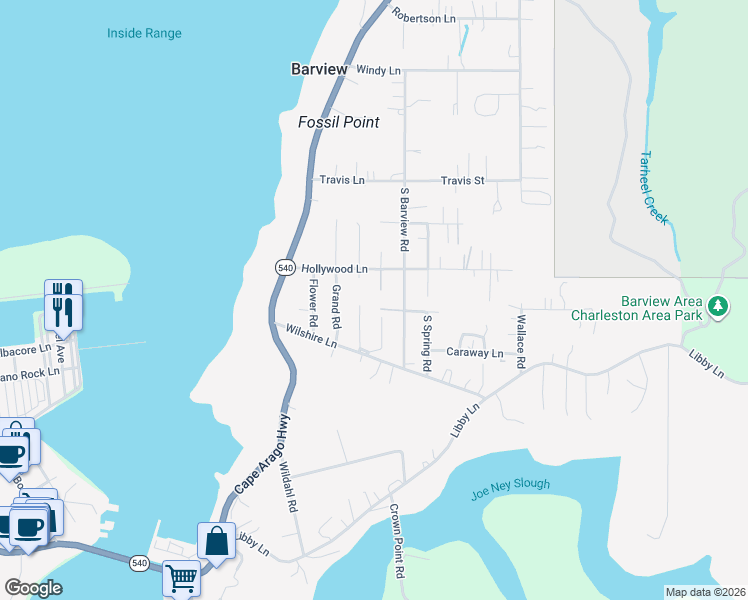 map of restaurants, bars, coffee shops, grocery stores, and more near 90803 Ford Lane in Coos Bay