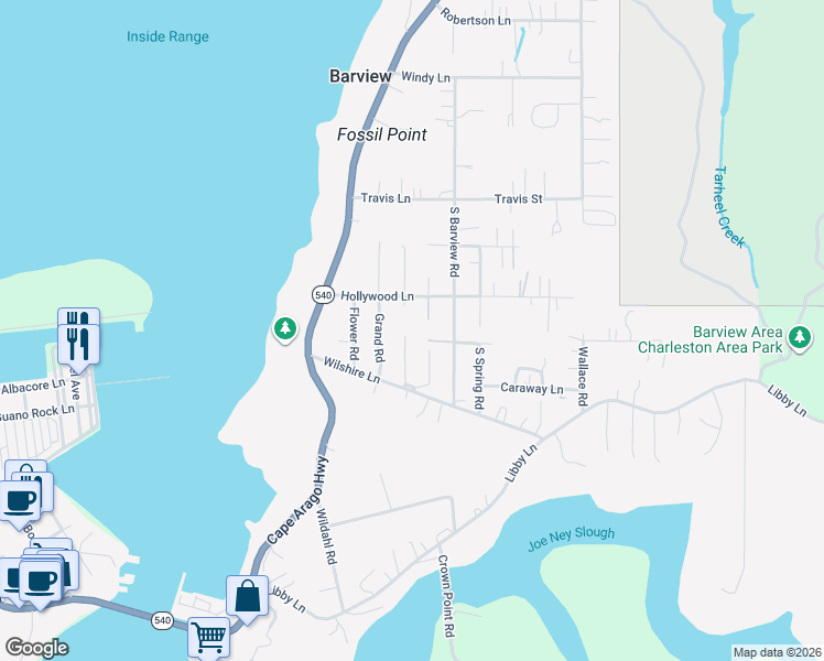 map of restaurants, bars, coffee shops, grocery stores, and more near 90803 Ford Lane in Coos Bay