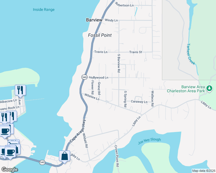 map of restaurants, bars, coffee shops, grocery stores, and more near 90803 Ford Lane in Coos Bay