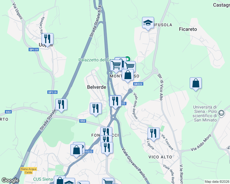 map of restaurants, bars, coffee shops, grocery stores, and more near 12 Via Toscana in Monteriggioni