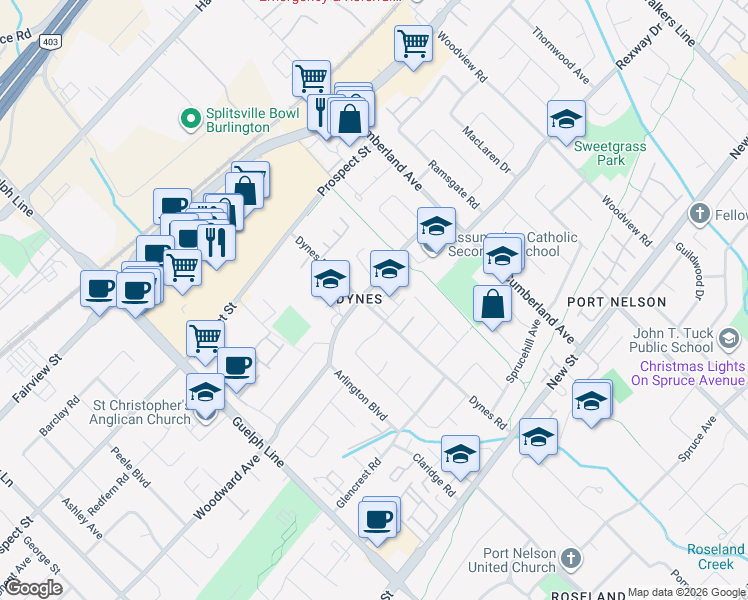 map of restaurants, bars, coffee shops, grocery stores, and more near in Burlington
