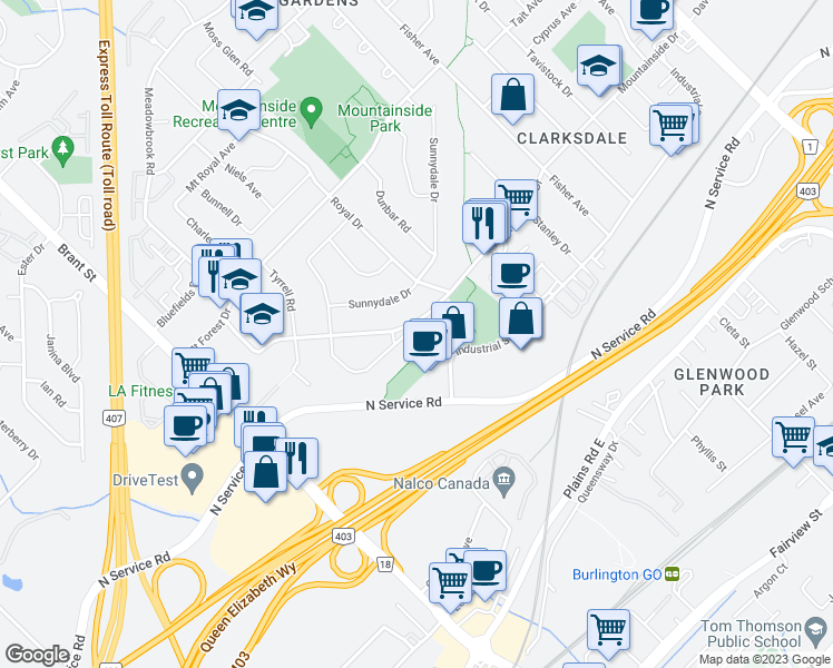 map of restaurants, bars, coffee shops, grocery stores, and more near 1194 Dequincy Crescent in Burlington