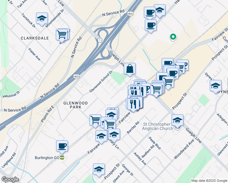map of restaurants, bars, coffee shops, grocery stores, and more near 2418 Glenwood School Drive in Burlington