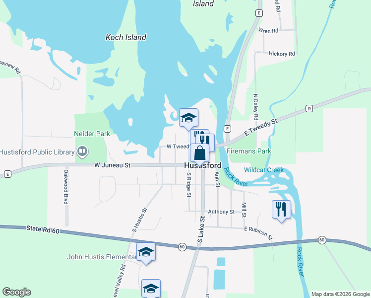 map of restaurants, bars, coffee shops, grocery stores, and more near 137 Ridge Street in Hustisford