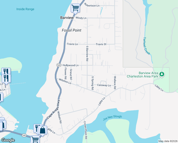 map of restaurants, bars, coffee shops, grocery stores, and more near 63550 South Barview Road in Coos Bay