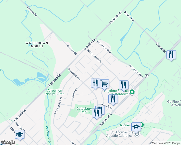 map of restaurants, bars, coffee shops, grocery stores, and more near 168 Fellowes Crescent in Hamilton