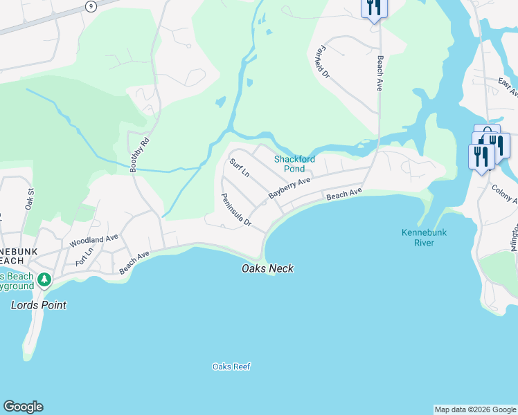 map of restaurants, bars, coffee shops, grocery stores, and more near 36 Bayberry Avenue in Kennebunk