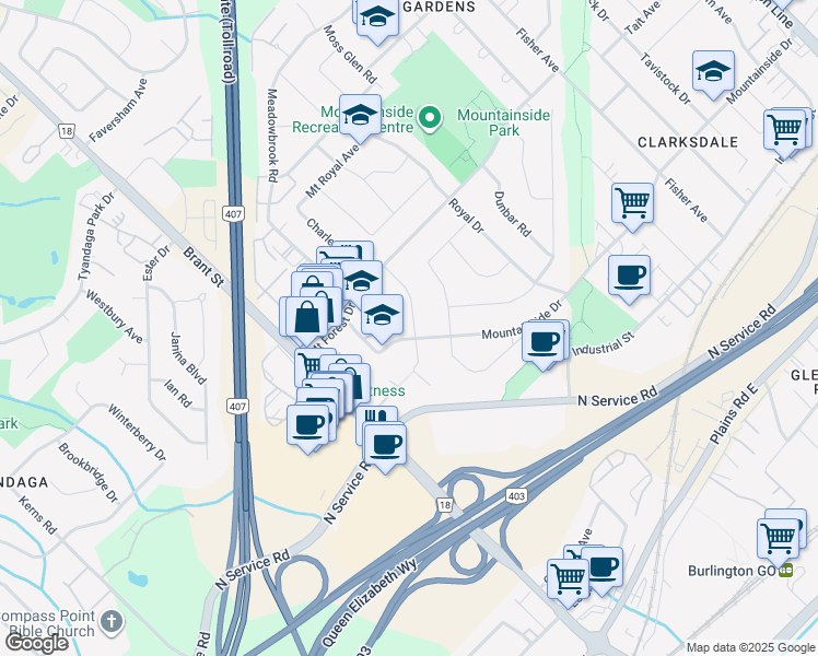 map of restaurants, bars, coffee shops, grocery stores, and more near 2086 Mountainside Drive in Burlington