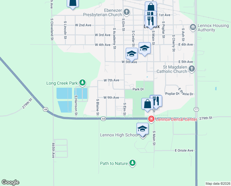 map of restaurants, bars, coffee shops, grocery stores, and more near 800 South Academy Street in Lennox