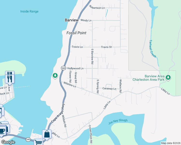 map of restaurants, bars, coffee shops, grocery stores, and more near 63550 South Barview Road in Coos Bay